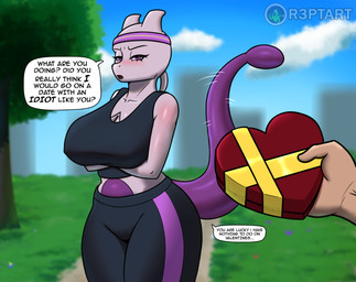 accessory anthro big_breasts breasts clothing duo female gift headband holidays park pokemorph purple_tail tail tail_motion tailwag text tsundere r3ptart nintendo pokemon valentine's_day generation_1_pokemon human legendary_pokemon mammal mewtwo pokemon_(species) english_text hi_res