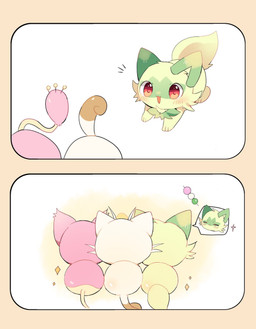 ambiguous_gender blush blush_lines dango_(food) emanata eyes_closed feral fur green_body green_fur group open_mouth paws pink_body pink_fur red_eyes simple_background sitting sparkles tail tan_body trio whiskers yupo_0322 nintendo pokemon felid feline generation_1_pokemon generation_3_pokemon generation_9_pokemon mammal meowth pokemon_(species) skitty sprigatito 2025 comic hi_res