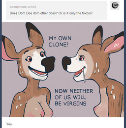 anthro ask_blog bdsm bodily_fluids breasts brown_body brown_fur clone dialogue drooling duo female fur heart_eyes heart_symbol humor nipples nude open_mouth saliva selfcest simple_background smile square_crossover teeth text user_avatar newd tumblr anon dearest_deer deer mammal 2016 english_text meme pillarbox