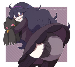 accessory ambiguous_gender black_clothing black_footwear black_legwear black_socks carrying_another clean_diaper clothed clothing diaper duo female footwear hair headband legwear long_hair purple_eyes purple_hair red_sclera simple_background socks spiral spiral_eyes text wearing_diaper zipper merunyaa nintendo pokemon hex_maniac banette generation_3_pokemon ghost human mammal pokemon_(species) spirit 2016 digital_media_(artwork) url