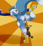 2017 alternate_color anal anal_penetration antennae_(anatomy) anthro anus armwear balls bandai_namco big_butt biped blue_anus blue_body blue_fur blue_penis blush bodily_fluids bridal_gauntlets brown_background butt buttplug canid canine clothing digimon digimon_(species) dumbbell english_text exercise fan_character femboy footwear fur genitals hal_(nightfaux) haley_(nightfaux) hi_res high_heels kegel_weight male mammal mostly_nude muscular muscular_thighs nightfaux penetration penis platform_footwear platform_heels plug_(sex_toy) pom_antennae purple_eyes raised_leg raised_tail renamon rope sex_toy shoes signature simple_background solo sweat tail text thick_thighs tuft weights white_body white_fur wide_hips