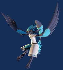 anthro aviator_goggles big_eyes black_body black_feathers black_scutes blue_body blue_feathers clothing coat ear_markings eyewear facial_markings falling feather_markings feathered_wings feathers female flying forehead_markings goggles goggles_on_face head_markings jumping leg_markings looking_ahead markings no_sclera open_mouth scuted_legs scutes smile solo tail tail_markings thigh_markings topwear white_clothing white_coat white_topwear wings yellow_eyes yellow_markings javenchi javenchi_(modeler) rai_kitamatsu_(modeler) eili_(k'braid) avali 3d_(artwork) alpha_channel blender_(artwork) blender_cycles_(artwork) digital_media_(artwork) hi_res