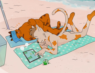anthro beach beverage black_nose butt casual_nudity clothing duo freckles fur fuzzy fuzzy_tail hat headgear headwear lying male male_anthro nude on_back on_front open_mouth orange_body orange_fur overweight overweight_male pompadour public public_nudity sleeping slim smile snoring soda sound_effects sun_hat tablet towel vowelless vowelless_sound_effect white_body white_fur zzz p_rindustries flappy_bird osmond_(p_rindustries) wilt_(p_rindustries) domestic_cat felid feline felis mammal 2026 signature