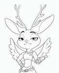 alternate_species anthro antlers clothing eyebrows fangs feathered_wings feathers female hand_on_hip horn police police_uniform raised_eyebrow teeth uniform wings hopethishelps disney zootopia judy_hopps lagomorph mammal wolpertinger 2023 black_and_white hi_res monochrome