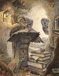 apple beak book bookshelf candle detailed_background duo feathered_wings feathers feral fire food fruit furniture inside leaf lectern loose_feather open_beak open_mouth plant quill standing wings writing_text chris_dunn avian bird owl 2012 traditional_media_(artwork)