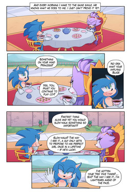 anthro beverage castle clothing container cup dialogue duo eye_contact female food furniture gloves hair handwear hero looking_at_another male male/female outside ponytail princess romantic romantic_couple royalty sitting smile speech_bubble table tea tea_cup teapot text emerald_kora sega sonic_the_hedgehog_(series) blaze_the_cat sonic_the_hedgehog domestic_cat eulipotyphlan felid feline felis hedgehog mammal comic english_text hi_res