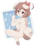 4_toes accessory ahoge anthro bow_(feature) bow_accessory bow_ribbon brown_hair centered_hair_bow feet female female_anthro freckles fur hair hair_accessory hair_bow hair_ribbon hairclip kemono looking_back nude pawpads paws red_bow ribbons short_hair sitting solo toes young young_anthro young_female mizu_umi sundae_(kei) canid canine canis domestic_dog mammal hi_res