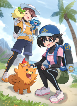 ambiguous_gender bag biped black_hair blush brown_hair clothed clothing female feral group hair hat headgear headwear male one_eye_closed open_mouth tongue tongue_out young gonzarez1938 nintendo pokemon pokemon_winds_and_waves female_protagonist_(pokemon_wiwa) male_protagonist_(pokemon_wiwa) browt gecqua generation_10_pokemon human mammal pokemon_(species) pombon 2026 absurd_res hi_res