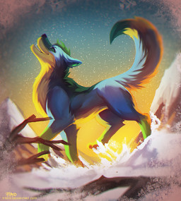 eyes_closed fangs feral male open_mouth outside smile solo standing sunset teeth reilukah canid canine fox mammal digital_media_(artwork) shaded