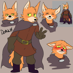 anthro belt blush brown_clothing brown_gloves brown_handwear cloak clothing gesture gloves green_eyes hand_gesture handwear male medieval medieval_clothing medieval_fantasy rogue shirt skinny smile topwear tunic v_sign worried yellow_sclera lobi_top derivck canid canine fox mammal 1:1 hi_res model_sheet