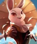 anthro buckteeth cherry_blossom clothed clothing cravat female first_person_view flower fur looking_at_viewer melee_weapon parasol pink_nose plant prunus_(flower) red_eyes smile solo sword teeth text weapon white_body white_fur tragobear armello league_of_geeks amber_(armello) lagomorph leporid mammal rabbit 2016 english_text