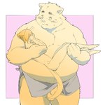 anthro balls belly blush carrying_another duo genitals humanoid_genitalia humanoid_hands humanoid_penis kemono male overweight overweight_male penis text towel inunoshippo canid canine canis domestic_dog mammal 2020 2022 hi_res japanese_text