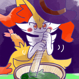 ambiguous_anthro ambiguous_gender anthro biped clothing dipstick_tail emanata food hat hat_only headgear headgear_only headwear headwear_only markings mortar_and_pestle mostly_nude mouth_closed object_in_tail shrimp_(food) simple_background solo standing tail tail_markings witch_hat witch_hat_only annyui0611 nintendo pokemon braixen canid generation_6_pokemon mammal pokemon_(species) 1:1 2024 digital_drawing_(artwork) digital_media_(artwork) half-length_portrait hi_res japanese_description portrait translated_description