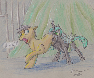 abdominal_bulge blue_eyes duo female female_prey feral feral_pred feral_prey male male_pred open_mouth oral_vore partially_inside size_difference smaller_pred vore young doesnotexist friendship_is_magic hasbro my_little_pony queen_chrysalis_(mlp) arthropod changeling_(mlp) earth_pony equid equine horse mammal pony hi_res traditional_media_(artwork)