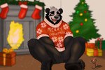 4_toes anthro bottomless bottomless_anthro bottomless_male box christmas_clothing christmas_tree clothed clothing container convenient_censorship feet fire fireplace fur gift_box hair holidays male open_mouth plant plantigrade sitting smile soles solo spread_legs spreading sweater sweater_only tail teeth text toes topwear topwear_only tree yetsu christmas yetsupanda bear giant_panda mammal 3:2 digital_media_(artwork)