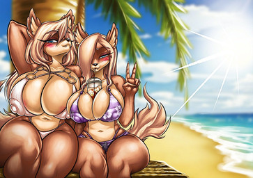 anthro beach beverage bikini blonde_hair blush breasts clothing duo female hair mature_anthro mature_female nipple_outline pose sea sitting sun sunny swimming_trunks swimwear two-piece_swimsuit water itsserinafox jasminefox serinafox canid canine fox mammal daughter_(lore) mother_(lore) mother_and_child_(lore) mother_and_daughter_(lore) parent_(lore) parent_and_child_(lore) parent_and_daughter_(lore)