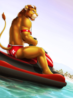 anthro armband binoculars biped brown_body brown_fur brown_hair butt clothed clothing countershading cross facial_hair fur furgonomics green_eyes hair inner_ear_fluff jetski lifeguard long_hair looking_at_viewer male mane muscular muscular_anthro muscular_male outside pink_nose plant ponytail public raised_tail sitting smile solo speedo swimwear tail tail_clothing topless tree tuft underwear water wet whistle_(object) dream_and_nightmare felid lion mammal pantherine 2016 3:4 hi_res