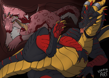 belly black_body claws duo feral fur larger_feral larger_male larger_pred male male/male male_feral male_pred muscular muscular_feral muscular_male oral_vore organs paws pink_body pink_fur size_difference smile soft_vore solo stomach tail tongue vore wings yellow_eyes sekera mythology karrthus dragon mythological_creature mythological_scalie scalie absurd_res hi_res