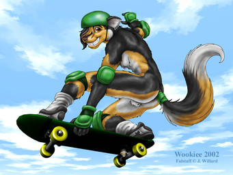 anthro armor backsack balls brown_eyes butt clothing ear_piercing ear_ring elbow_pads footwear genitals gloves handwear headgear helmet knee_pads male piercing ring_piercing shoes skateboard sneakers socks solo tail tail_wraps vehicle wraps wooky falstaff_(jessica_willard) canid canine mammal 2002 4:3