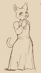 anthro breasts button_(fastener) clothing collared_dress cuffs_(clothing) dress ear_tuft female hand_on_leg hand_on_own_leg hand_on_own_thigh hand_on_thigh inner_ear_fluff long_dress open_mouth pointy_ears prick_ears short_snout solo tail tuft whiskers holemann domestic_cat felid feline felis mammal