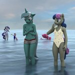 accident accidental_exposure anthro barefoot bikini bikini_top bikini_top_off bikini_top_removed breasts clothed clothing colored_nails covering covering_breasts covering_self embarrassed feet female fur green_body green_fur green_hair group hair holding_bikini_top horn midriff multicolored_hair nails navel one-piece_swimsuit pink_body pink_fur pink_hair plantigrade purple_hair sea strapless_bikini strapless_clothing strapless_swimwear swimming_trunks swimwear topless topless_anthro topless_female triangle_bikini two-piece_swimsuit two_tone_hair wardrobe_malfunction water white_body white_fur white_hair yellow_body yellow_fur young young_female jawolfadultishart friendship_is_magic hasbro my_little_pony mythology bonbon_(mlp) lyra_heartstrings_(mlp) pinkie_pie_(mlp) rarity_(mlp) sweetie_belle_(mlp) earth_pony equid equine horse mammal mythological_creature mythological_equine pony unicorn 1:1 3d_(artwork) absurd_res digital_media_(artwork) hi_res