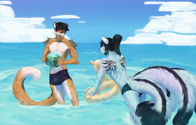 anthro athletic ball beach beach_ball black_body black_clothing black_hair blue_body blue_fur blush brown_body brown_fur bulge butt clothed clothing cloud day duo female fluffy food fruit fur greed grey_body grey_fur group hair inflatable inner_tube male male/male male_anthro markings multi_tail multicolored_body muscular muscular_male orange_body orange_fur outside partially_submerged plant ponytail pool_toy sea seaside sky smile swimming_trunks swimwear tail tan_body tattoo topless trio water white_body white_fur yellow_eyes sadih canid canine canis cougar domestic_cat felid feline felis fox hybrid mammal pantherine digital_media_(artwork) hi_res