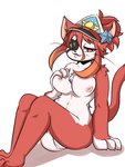 anthro breasts clothing eye_patch eyewear female fur genitals hat hat_only headgear headgear_only headwear headwear_only inverted_nipples mostly_nude nipples pussy red_body red_fur solo oumseven cat_busters hinozuki domestic_cat felid feline felis mammal absurd_res hi_res