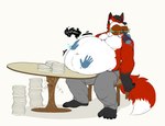 anthro belly belly_rub big_belly chair destroyed_furniture disembodied_hand eyes_closed feeding food food_in_mouth fur furniture ghost_hands male navel overweight overweight_male shadow shirtless solo table text wood wildside canid canine mammal 2018 english_text