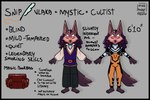 ambiguous_gender anthro black_border blind border disability eyes_closed hair iridescent long_hair plugsuit smile solo text vlaka neon_genesis_evangelion starfinder_(rpg) canid canine canis jackal mammal 3:2 absurd_res english_text full-length_portrait hi_res model_sheet portrait