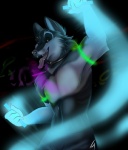 anthro bottomwear clothed clothing collar fur glowstick glowsticking grey_body grey_fur male open_mouth pants raver solo teeth tongue tongue_out topless tassy_(artist) canid canine canis mammal wolf 2010 hi_res