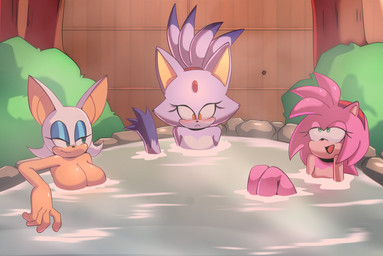 anthro blush breasts eyeshadow female flat_chested group hot_spring makeup nervous nude onsen open_mouth partially_submerged smile tan_body tan_skin trio water xao_art sega sonic_the_hedgehog_(series) amy_rose blaze_the_cat rouge_the_bat bat eulipotyphlan felid feline hedgehog mammal absurd_res hi_res