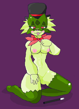 anthro areola blush bow_tie breasts clothing female hat headgear headwear magic_wand nude pink_areola solo tongue tongue_out top_hat cool_cola nintendo pokemon generation_9_pokemon meowscarada pokemon_(species)