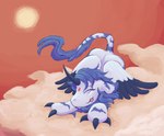 ambiguous_gender claws cloud feral happy horn mane pink_sky sky solo standing_on_cloud stretching sun tail wings teochronico mythology maella_(taffyclaws) dragon kirin mythological_creature mythological_scalie scalie 2023 hi_res