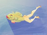 bottomless bra breasts butt clothed clothing feet female feral feral_with_feet green_body green_scales humanoid_feet humanoid_legs lipstick makeup plantigrade scales semi-anthro side_view solo surrealism swimming underwater underwear water what what_has_science_done kikidoodle fish humanoid marine reverse_mermaid 2017 dated digital_media_(artwork) digital_painting_(artwork) full-length_portrait portrait signature