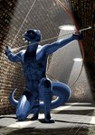 anthro balls blue_body blue_scales bow_(weapon) detailed_background erection genitals holding_object holding_weapon kneeling male muscular muscular_male nude penis ranged_weapon scales solo tail weapon archshen microsoft the_elder_scrolls tristen argonian scalie hi_res