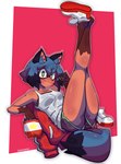 anthro biped black_highlights blue_hair bra breasts butt cellphone chips_(food) clothed clothing crossed_legs dipstick_tail dolphin_shorts electronics facial_markings female food footwear gloves_(marking) hair head_markings highlights_(coloring) holding_cellphone holding_object holding_phone holding_smartphone inner_ear_fluff jacket leg_markings legs_up looking_at_viewer lying markings mask_(marking) multicolored_eyes on_back orange_body phone red_background shirt shoes simple_background small_breasts smartphone smile sneakers socks_(marking) solo tail tail_markings tank_top text three-quarter_view topwear tuft underwear emmavania brand_new_animal studio_trigger michiru_kagemori canid canine mammal raccoon_dog tanuki 2025 absurd_res artist_name digital_drawing_(artwork) digital_media_(artwork) full-length_portrait hi_res portrait