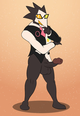 abstract_background anthro balls black_body black_tie_(suit) bottomless clothed clothing erection eyewear genitals glasses male mask penis solo suit darkajugin deltarune undertale_(series) swatch_(deltarune) darkner swatchling absurd_res hi_res