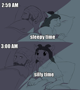 anthro awake beard bed bedding blanket claws clothing duo facial_hair female furniture hair hat headgear headwear humor husband_and_wife long_hair lying male married_couple nightcap on_side pillow sitting sleeping text wide_eyed tggeko domestic_cat felid feline felis human mammal english_text monochrome