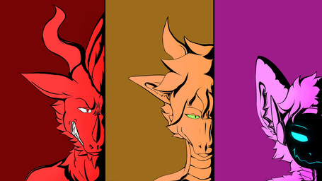 banner fur green_eyes group hair horn machine male orange_hair pink_body pink_fur pink_hair red_hair scales simple_background trio tobiasnana mythology dragon mythological_creature mythological_scalie protogen scalie 16:9 4k absurd_res hi_res widescreen