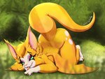 anthro ass_up big_butt butt claws female fur grass green_eyes lying_on_ground on_ground orange_body orange_fur plant raised_tail smile solo tail thick_tail thick_thighs tongue tongue_out white_body white_fur wings blizzmaster dust:_an_elysian_tail fidget_(elysian_tail) bat mammal nimbat 4:3