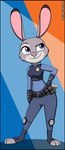 anthro breasts clothed clothing copyright_symbol female fur grey_body grey_fur multicolored_body multicolored_fur police police_badge police_uniform purple_eyes solo symbol text two_tone_body two_tone_fur uniform verona7881 disney zootopia judy_hopps lagomorph leporid mammal rabbit 2023 digital_media_(artwork) english_text