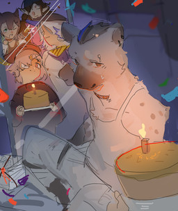 anthro black_hair bottomwear cake clothed clothing collar dessert ear_piercing eyebrow_piercing facial_piercing female food grey_body group hair hat headgear headwear male piercing topwear aican5151 arknights hypergryph studio_montagne catapult_(arknights) midnight_(arknights) orchid_(arknights) popukar_(arknights) spot_(arknights) animal_humanoid canid canid_humanoid human humanoid hyena mammal mammal_humanoid spotted_hyena 2026 absurd_res hi_res