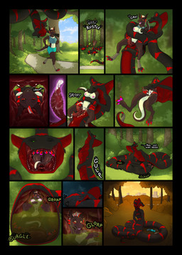 14_panel_comic 2_penises abdominal_bulge animal_genitalia animal_penis anthro anthro_on_anthro anthro_penetrated anthro_penetrating anthro_penetrating_anthro apode arm_grab barefoot barely_inside black_body bodily_fluids bottomwear bra breast_grab breasts caught_off_guard clothed clothing clothing_on_floor coiling cum cum_inside cum_on_own_penis cum_on_penis cum_on_self day digestion discarded_clothing duo ejaculation fatal_vore feet female female_penetrated forest forked_tongue frill_(anatomy) fully_inside genital_fluids genitals glottis green_eyes hand_on_belly hand_on_breast hand_on_bulge head_crest head_first head_frill hemipenes inside_stomach internal jogging legless male male/female male_penetrating male_penetrating_female mouth_shot multi_genitalia multi_penis nipples one_eye_closed onomatopoeia open_mouth oral_vore outside partially_inside partially_submerged penetration penis plant prehensile_tail red_body red_scales rumbling_stomach saliva scales scared serpentine sex sex_with_pred shorts sky snake_hood soft_vore sound_effects sports_bra stomach_acid tail text tongue tongue_out tree underwear undressing_another vaginal vaginal_penetration vore vulva armorine mythology caledis kali_(kalithedragon) draconcopode dragon mythological_creature mythological_scalie naga reptile scalie snake comic english_text hi_res