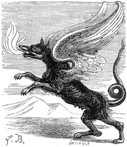 breath_powers claws elemental_manipulation fangs feathered_wings feathers female feral fire fire_breathing fire_manipulation fur mountain open_mouth outside sky solo teats teeth wings louis_le_breton dictionnaire_infernal mythology the_lesser_key_of_solomon marchosias canid canine canis demon domestic_dog mammal 1863 19th_century ancient_art black_and_white hi_res monochrome signature