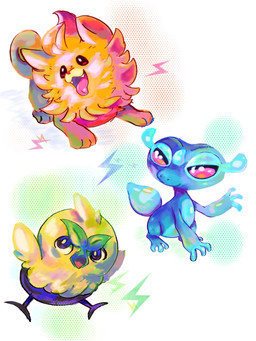 ambiguous_gender beak blue_body fangs feathers feral fur green_body green_feathers group open_beak open_mouth orange_body orange_fur paws pink_eyes simple_background tail teeth tongue tongue_out trio opryee nintendo pokemon pokemon_winds_and_waves avian bird browt canid canine gecqua generation_10_pokemon lizard mammal pokemon_(species) pombon reptile scalie 2026 3:4 hi_res