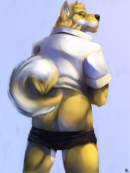 anthro black_nose blue_eyes butt clothing fur head_tuft looking_at_viewer looking_back looking_back_at_viewer male male_anthro mouth_closed narrowed_eyes neck_tuft rear_view simple_background solo standing tail text topwear tuft white_body white_clothing white_fur white_tail white_topwear yellow_body yellow_fur yellow_tail solaxe_(artist) solaxe canid canine mammal 3:4 artist_name portrait three-quarter_portrait
