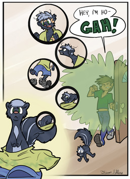 dialogue door duo feral forced forced_transformation human_to_feral male musk opening_door shrinking size_transformation skunk_spray smelly species_transformation speech_bubble spraying text transformation trevor-fox human mammal mephitid skunk comic english_text hi_res