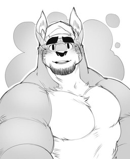 anthro biceps big_muscles drunk facial_hair fur looking_at_viewer male muscular muscular_anthro muscular_male pecs solo substance_intoxication kokukokuboo baker_(kokuhane) canid canine canis domestic_dog mammal 2015 monochrome