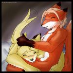 anthro bed blush cuddling duo female fur furniture hair happy hug love lying male nude orange_body orange_fur romantic romantic_couple short_hair sitting smile tail tail_motion tailwag koshkio jason_(koshkio) suni canid canine canis domestic_dog fox mammal 1:1 absurd_res hi_res