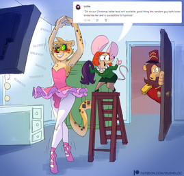 ballet ballet_dress ballet_leotard blonde_hair blush blush_stickers bodily_fluids bottomwear brown_hair bulge cabinet clothing comment curious dance_shoes dancewear detailed_background door dress electronics eyelashes female feminization footwear forced_smile fur gem gesture hair hand_gesture hands_in_air hat headgear headwear jewelry ladder leotard locker long_hair male markings mind_control motion_lines multicolored_eyes necklace open_door pearl_(gem) pearl_necklace pointe_shoes shoes short_hair skirt speech_bubble spots spotted_body spotted_fur subliminal submissive submissive_male sweat sweatdrop tan_body tan_fur television terminology text thumbs_up tutu whiskers wig rusheloc cheetah felid feline lion mammal murid murine pantherine rodent english_text tagme url